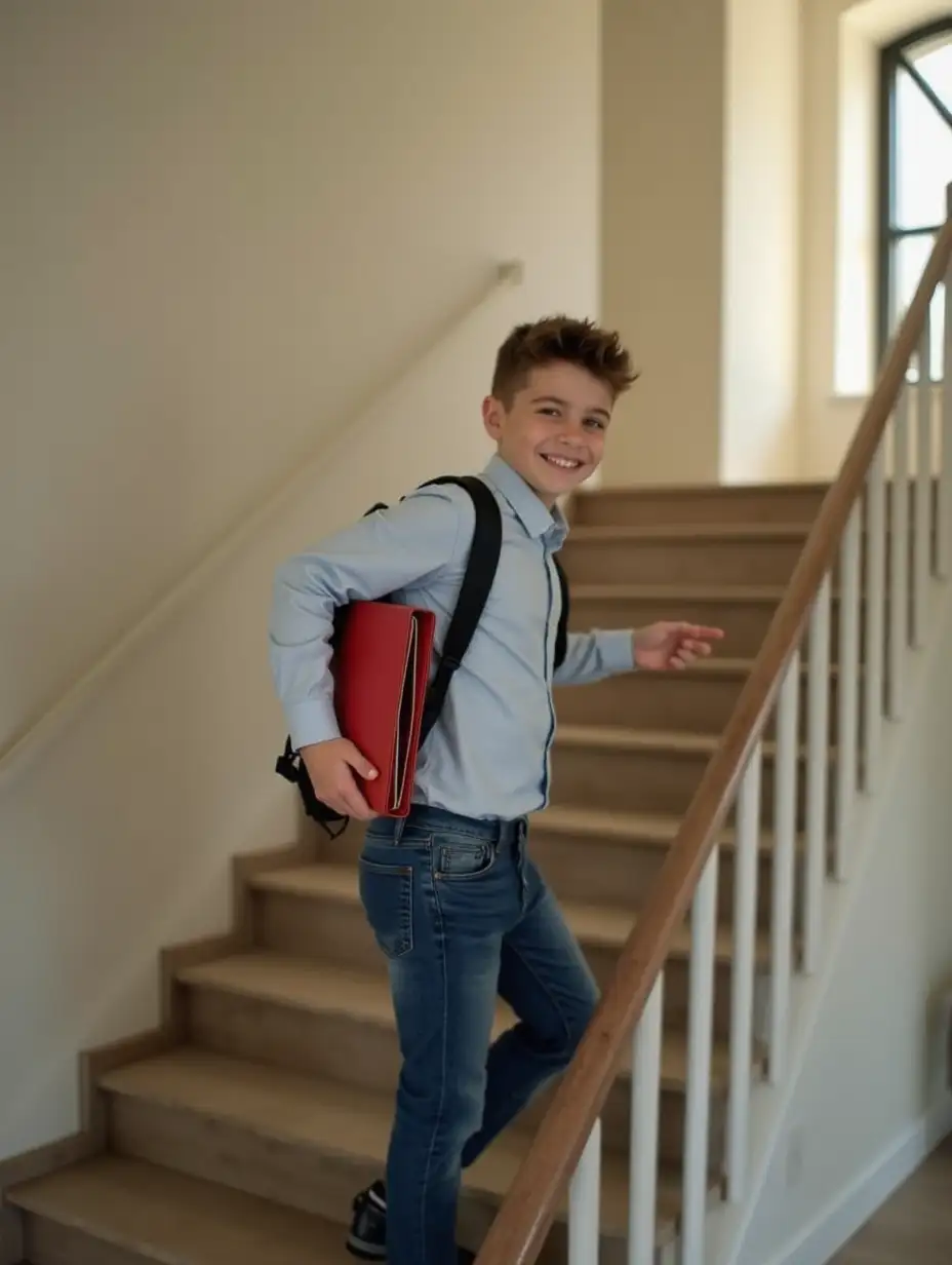 boy with a portfolio on his hip, smiling and descending the stairs, stands in three quarters turn to the camera