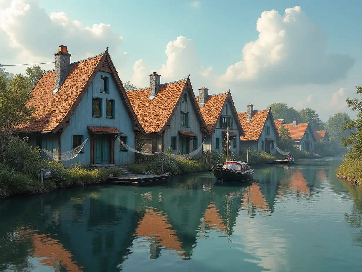 Dreamlike houses next to a river with fishing nets and a small boat.