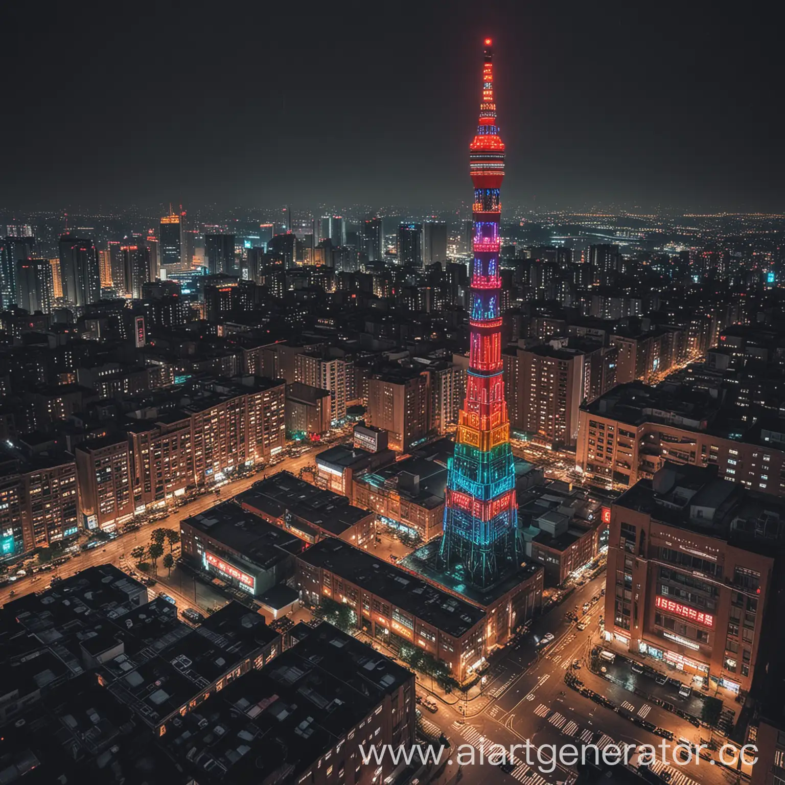 Night-Cityscape-with-Neonlit-Skyscraper-and-Factory-in-Rain