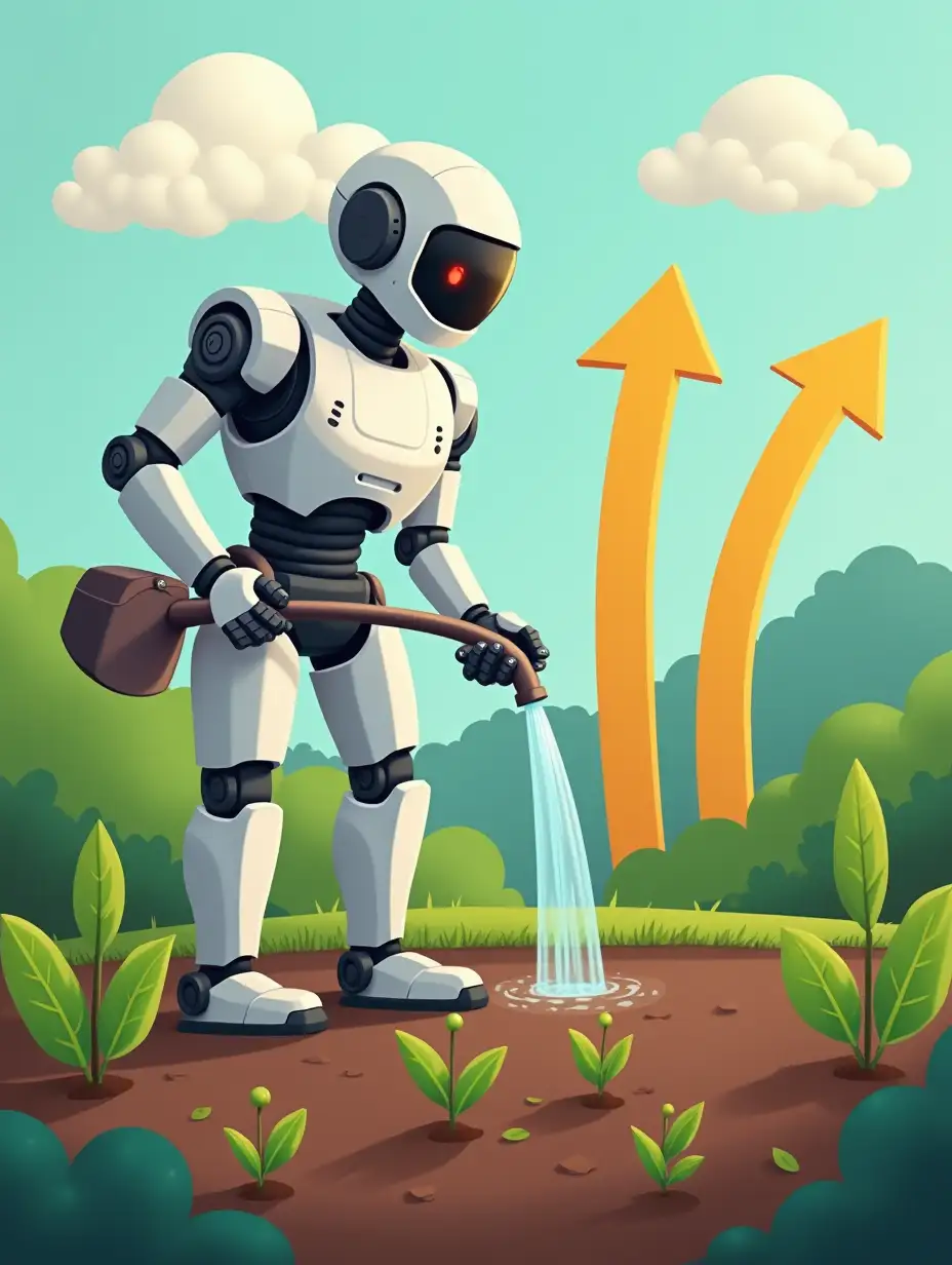 Robot-Gardener-Watering-Bed-with-Icon-Arrows-Up-Growing