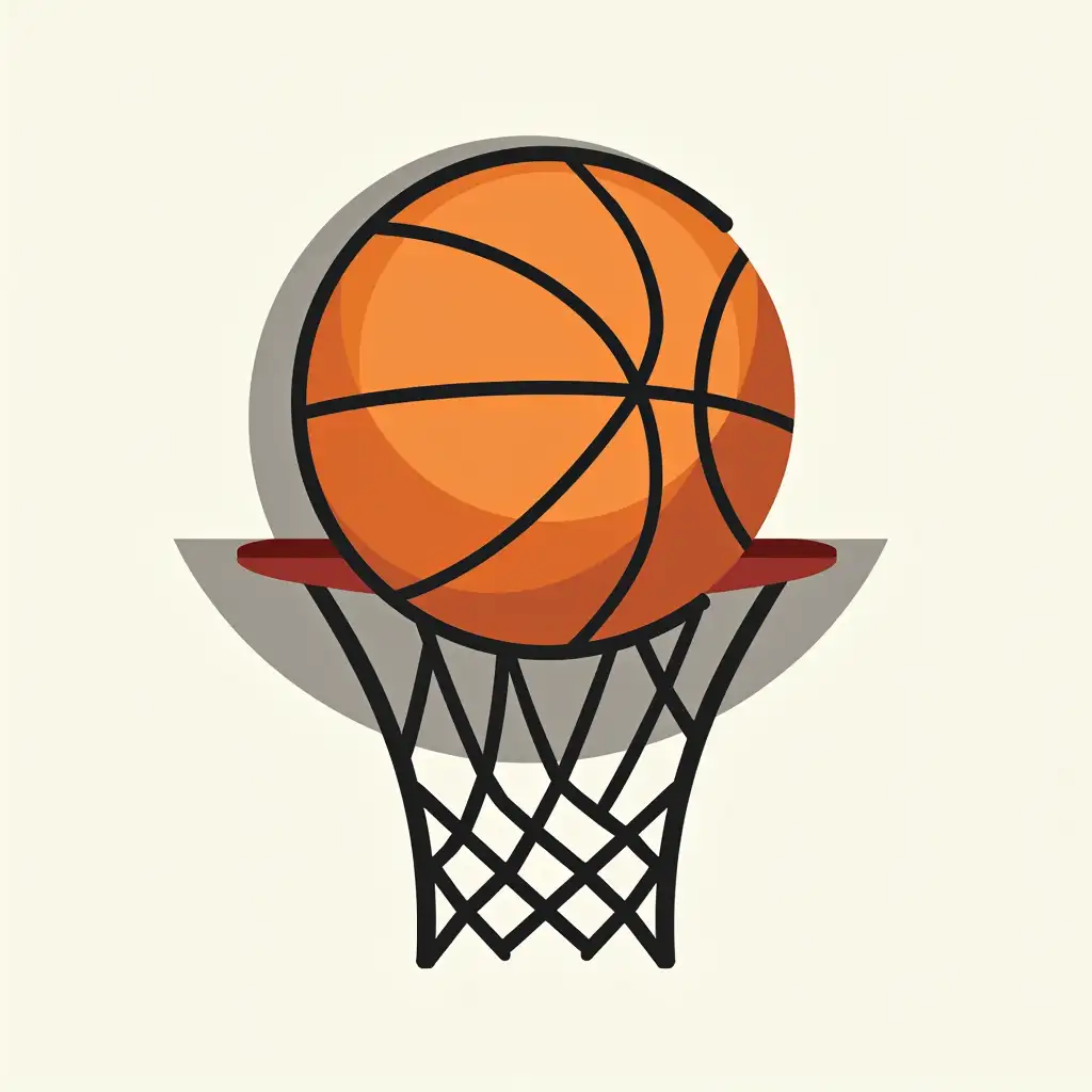 The basketball and basket are represented using abstract geometric shapes and lines. This creates a modern and artistic look. Think overlapping circles and arcs to create the forms. Style: Abstract, modern art. Could use a bright, bold color palette, or stick to a more muted, monochromatic scheme.