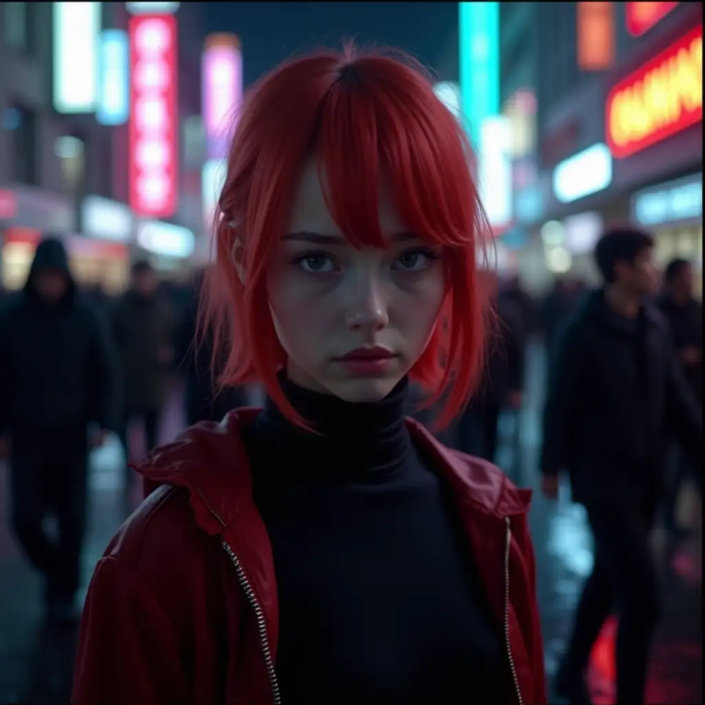 Editorial photography, full-body shot, front view. A young woman with intense red hair, a sad expression, and a sweet yet sharp face with clear, striking eyes. She is dressed in a cyberpunk-style outfit, wearing black and dark red clothing, standing amidst a gray crowd of people with pixelated faces. The background features a neon-lit city at night, with reflections of vibrant lights on the wet pavement. Shot with a cinematic look, f/1.8 for a shallow depth of field, ultra-photorealistic, ultra-detailed, high-definition. Dramatic lighting enhances the contrast and realism. 🔹