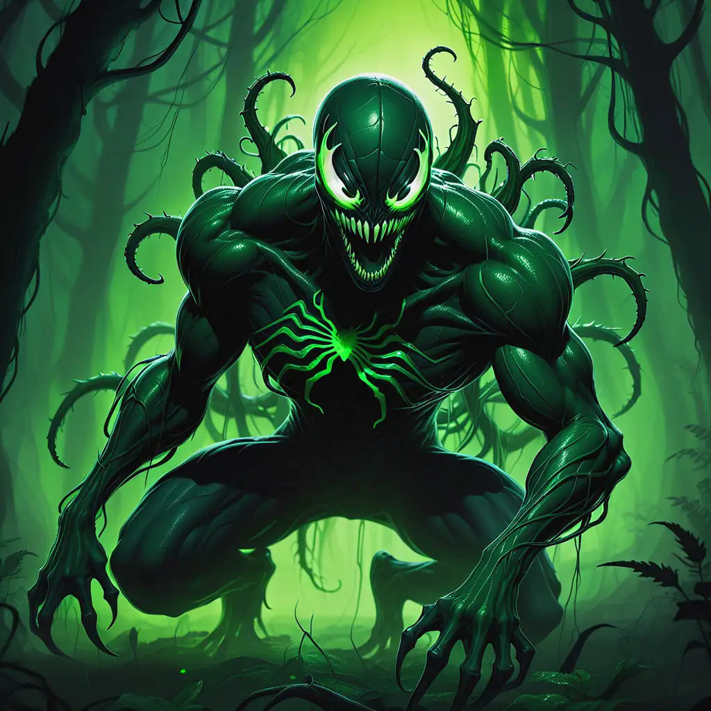 Monstrous-Green-Symbiote-Lasher-in-a-Foggy-Forest