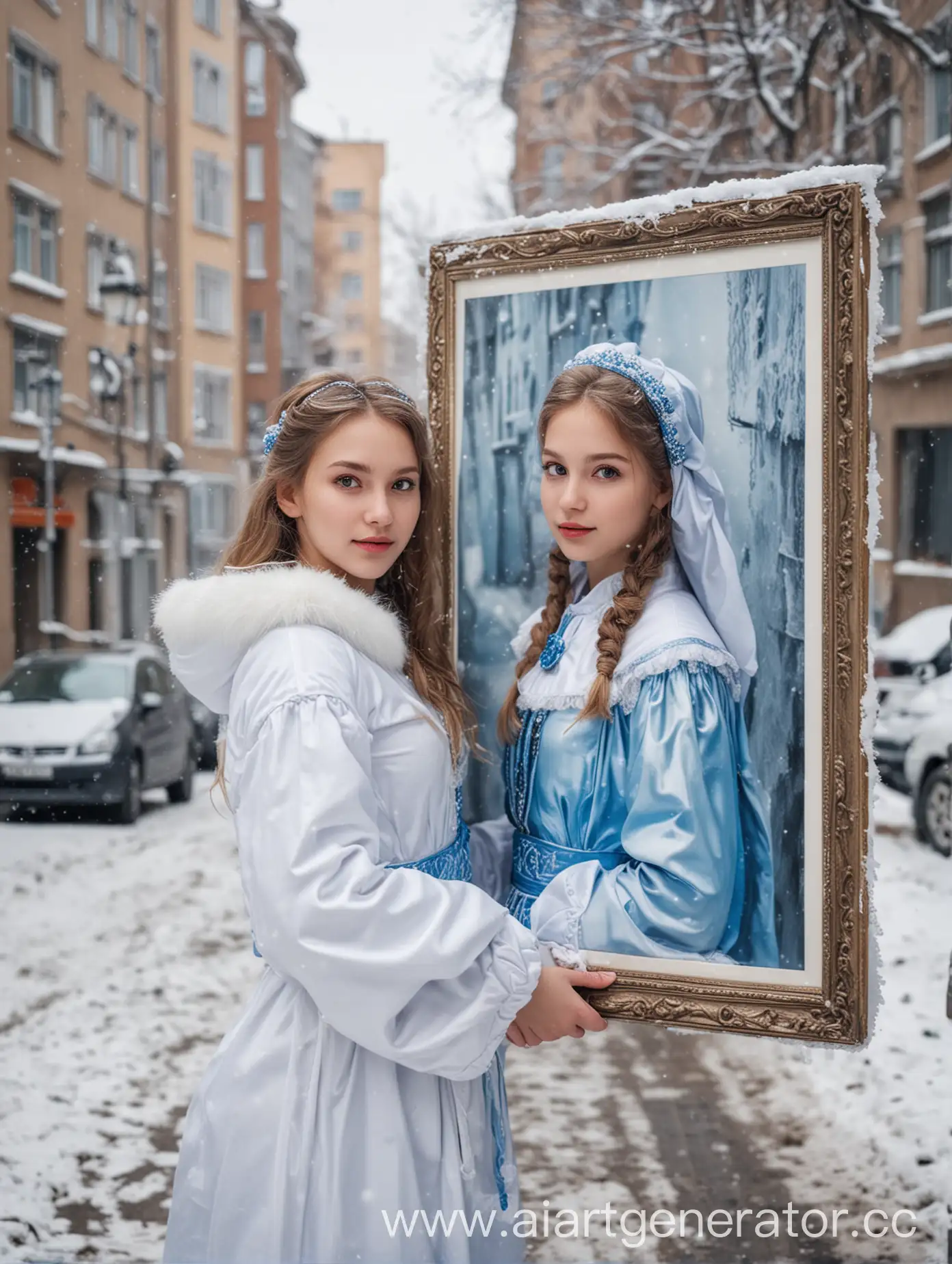 Girl-in-Snow-Maiden-Costume-Holding-Portrait-on-Winter-City-Street