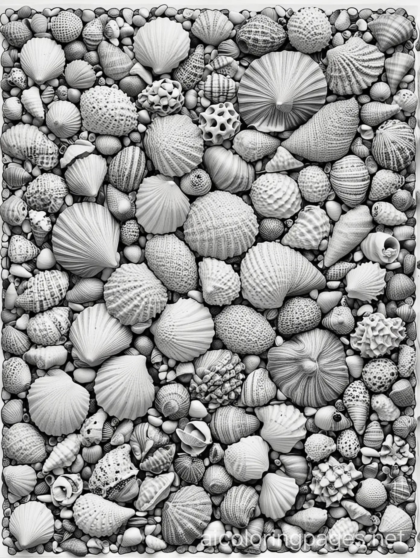 black and white Seashell Collection coloring page: An array of different seashells, pebbles, and pieces of sea glass arranged in an intricate pattern. Each shell has unique patterns and textures, from spirals to ridges, creating a detailed and engaging coloring experience., Coloring Page, black and white, line art, white background, Simplicity, Ample White Space. The background of the coloring page is plain white to make it easy for young children to color within the lines. The outlines of all the subjects are easy to distinguish, making it simple for kids to color without too much difficulty