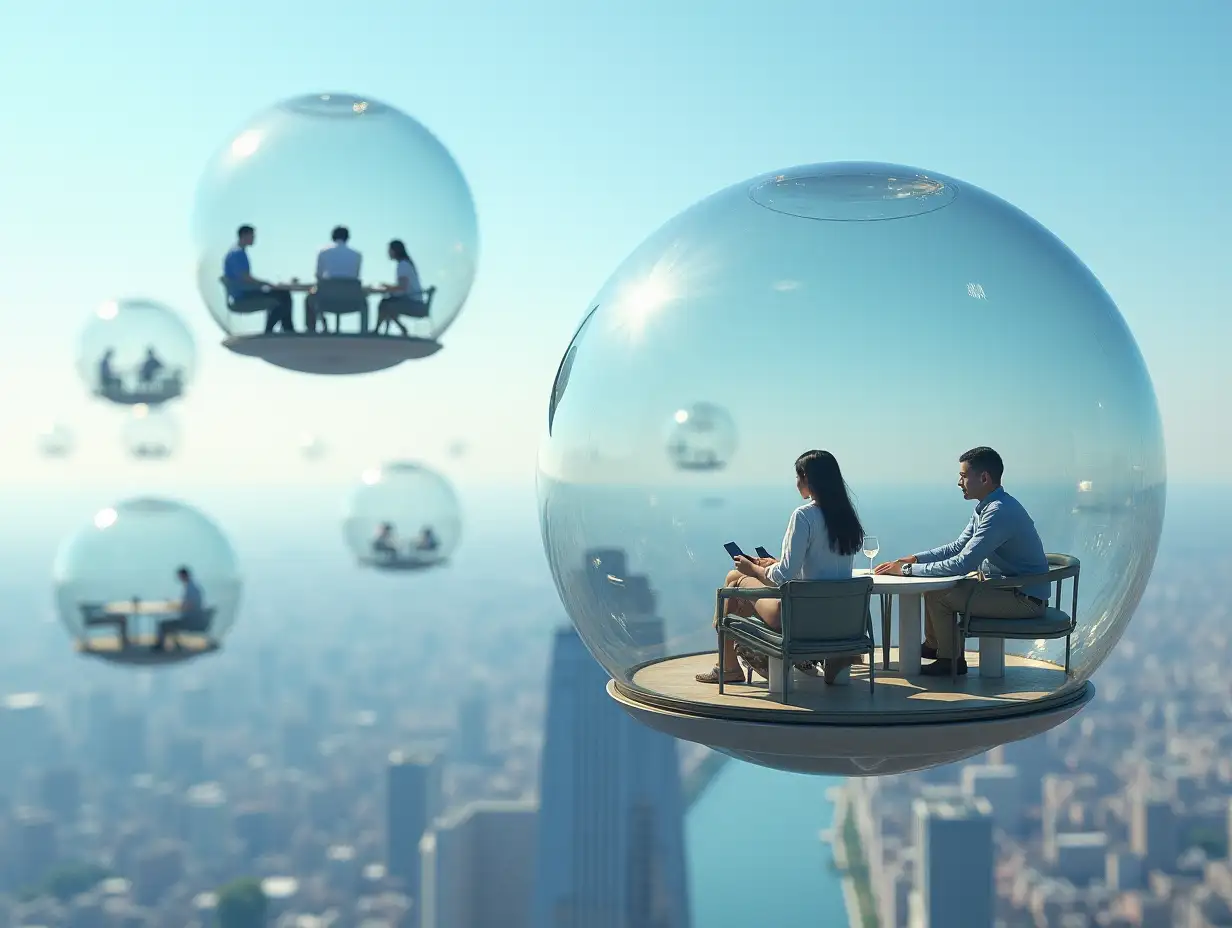 Ultradetailed hyperrealistic photo-realistic portrait 5 flying large glass shells with seating area inside sitting people and looking down at the city Texture, surfaces and lighting, to give depth, dimension and a photo-realistic appearance.blue sky clear lighter cloudy