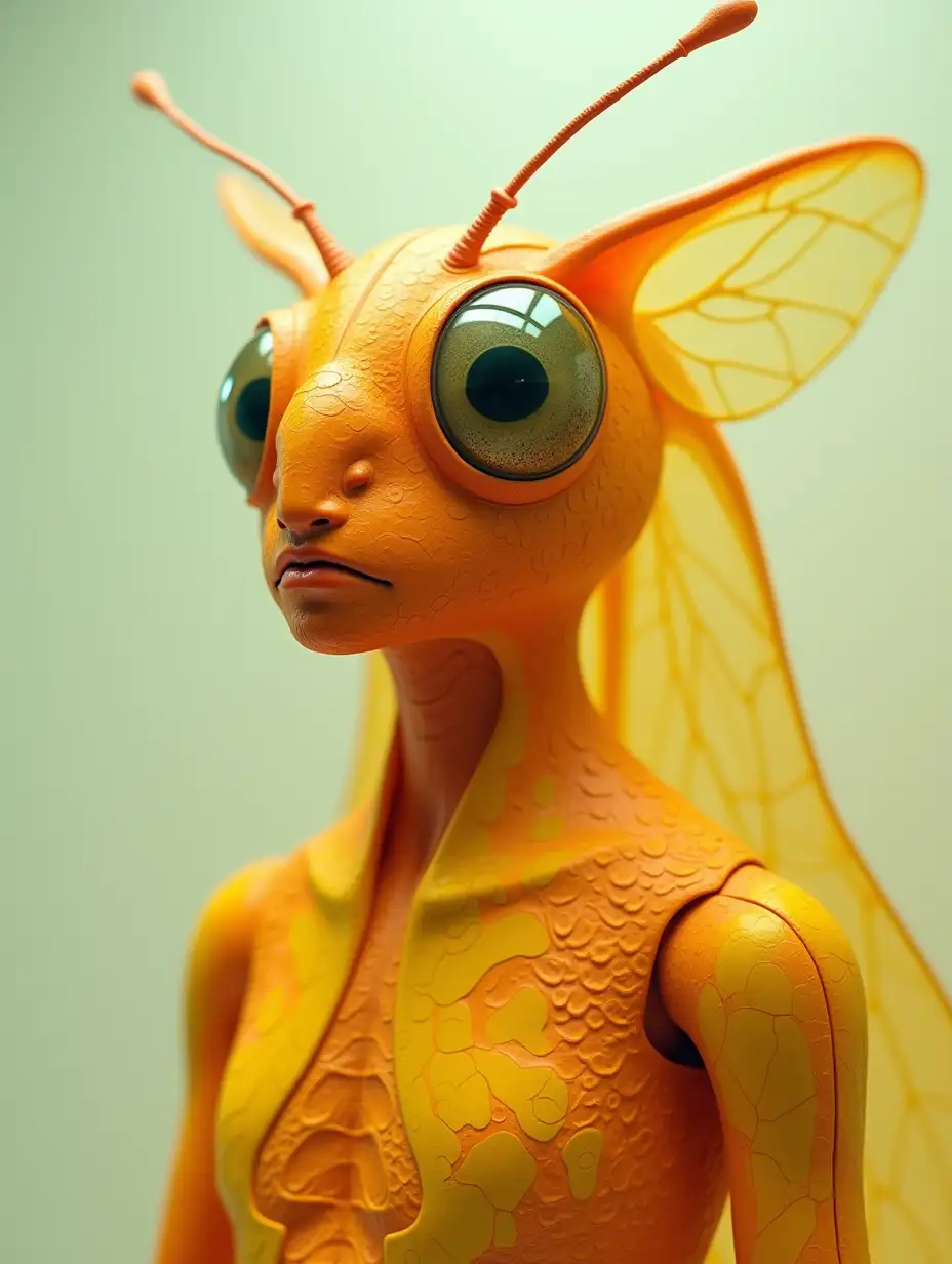 A surreal humanoid figure with a vibrant orange moth-like head, featuring large reflective eyes and delicate translucent wings. The body is painted in vibrant yellow and deep orange abstract patterns with textured details. Set against a softly lit gradient of pastel light, soft, the hyper-realistic style exudes a futuristic, otherworldly vibe.