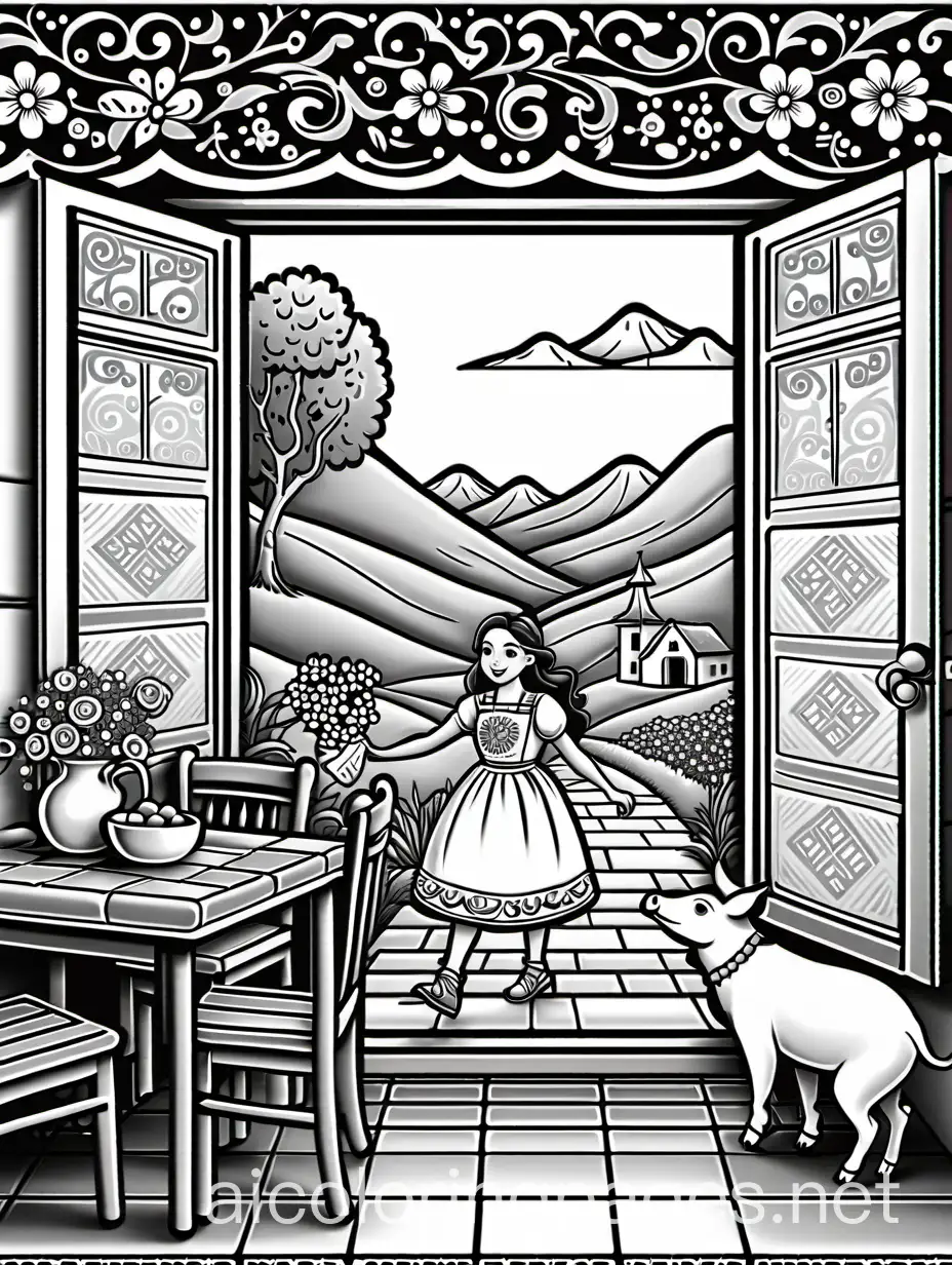 Young-Girl-Chasing-Piglets-in-Mexican-Kitchen-Coloring-Page