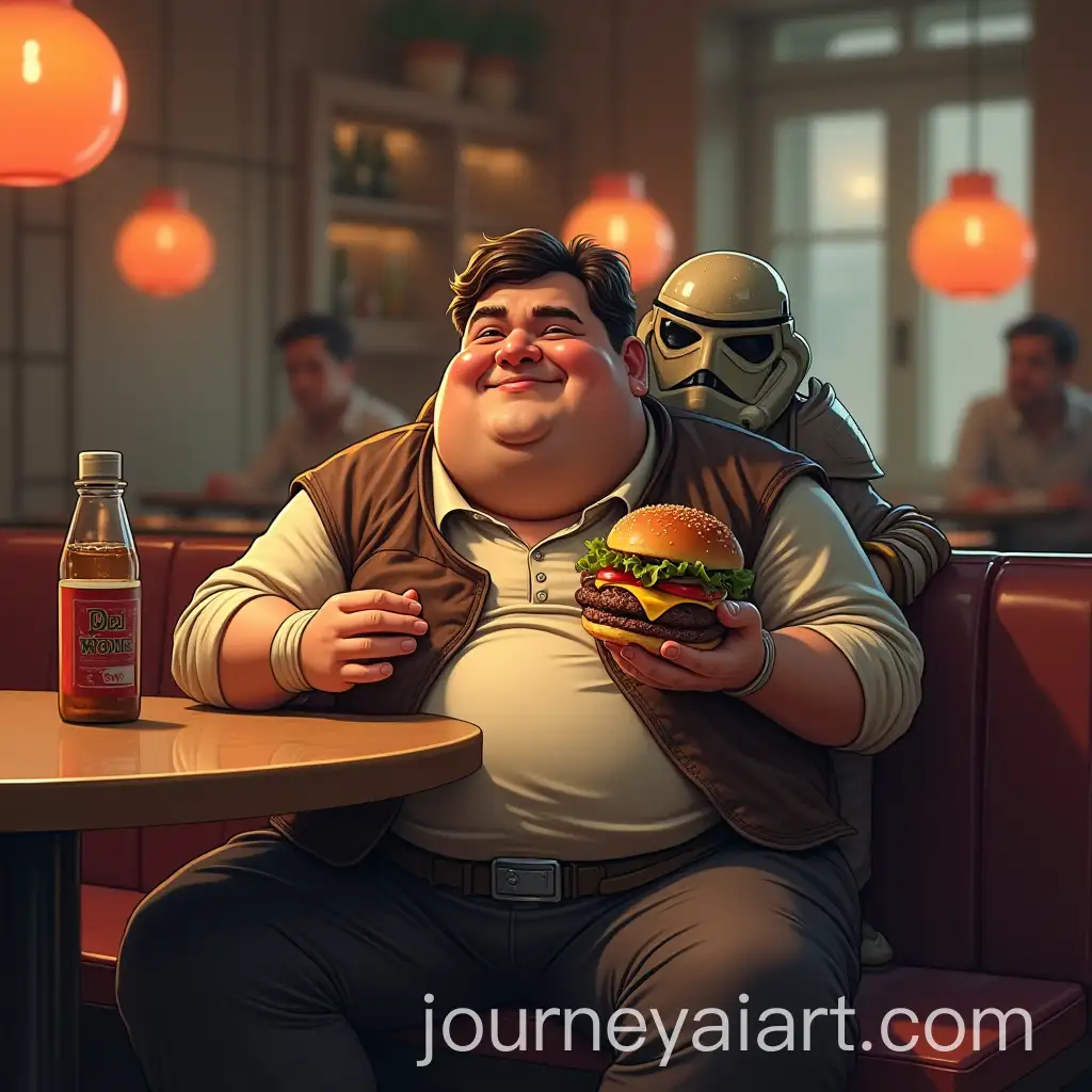 Chubby-Man-Eating-Greasy-Burger-in-Han-Solo-Cosplay-at-Star-Wars-Cantina-with-Fat-Greedo