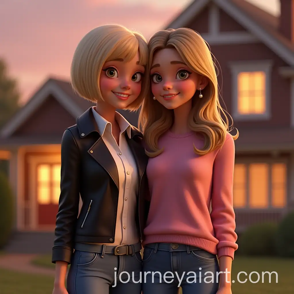 Two-Friends-Enjoying-a-Sunset-in-Front-of-a-Cozy-Suburban-House