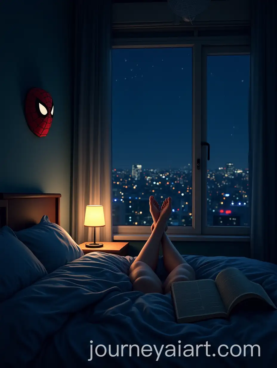 Point-of-View-in-an-Apartment-at-Night-with-Comic-Book-and-SpiderMan-Mask
