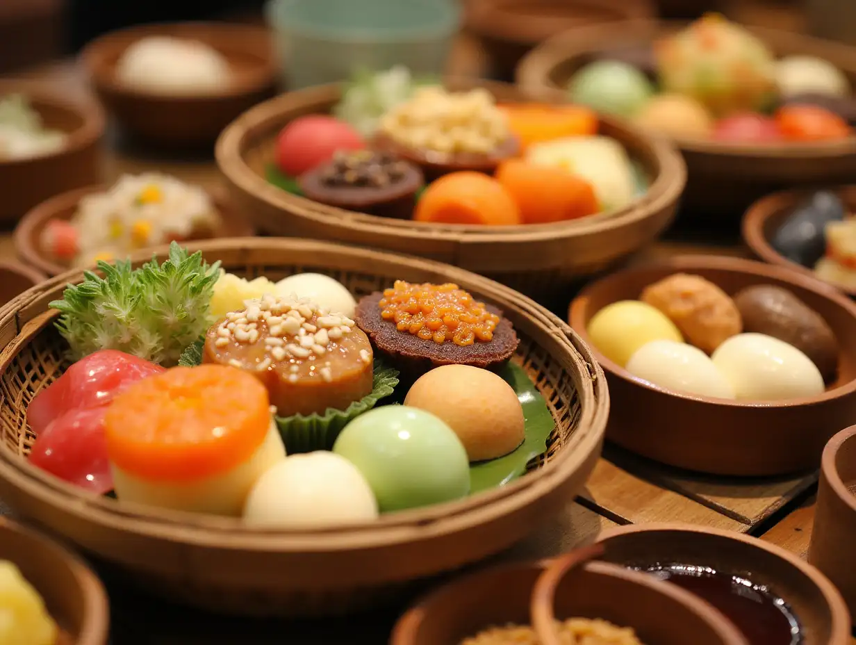 A colorful array of traditional Asian desserts arranged beautifully in bamboo baskets and wooden bowls.