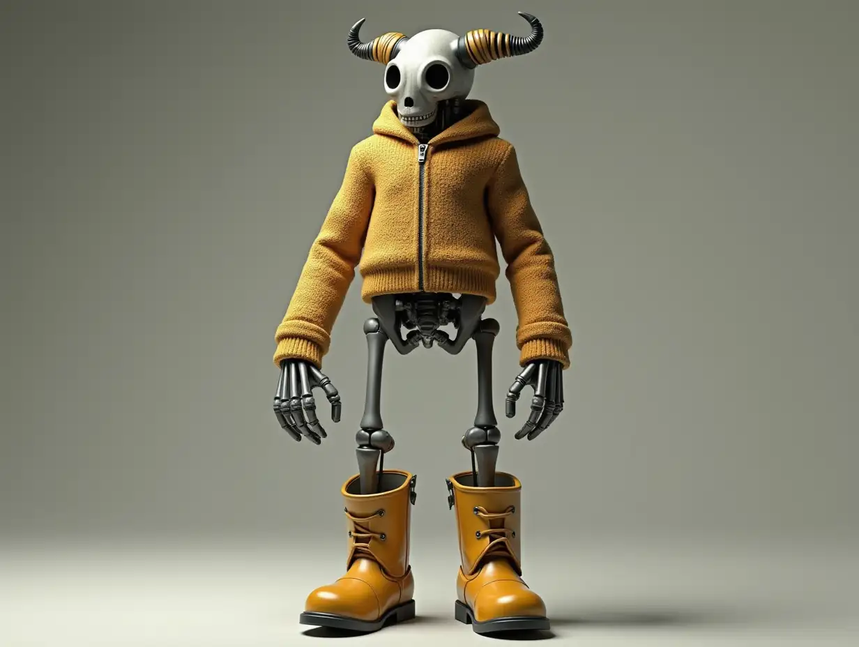 Create a high-resolution, realistic image of a robot with a skeleton body, golden leather boots and a sweater-wearing head with a hat and horn in 4K resolution