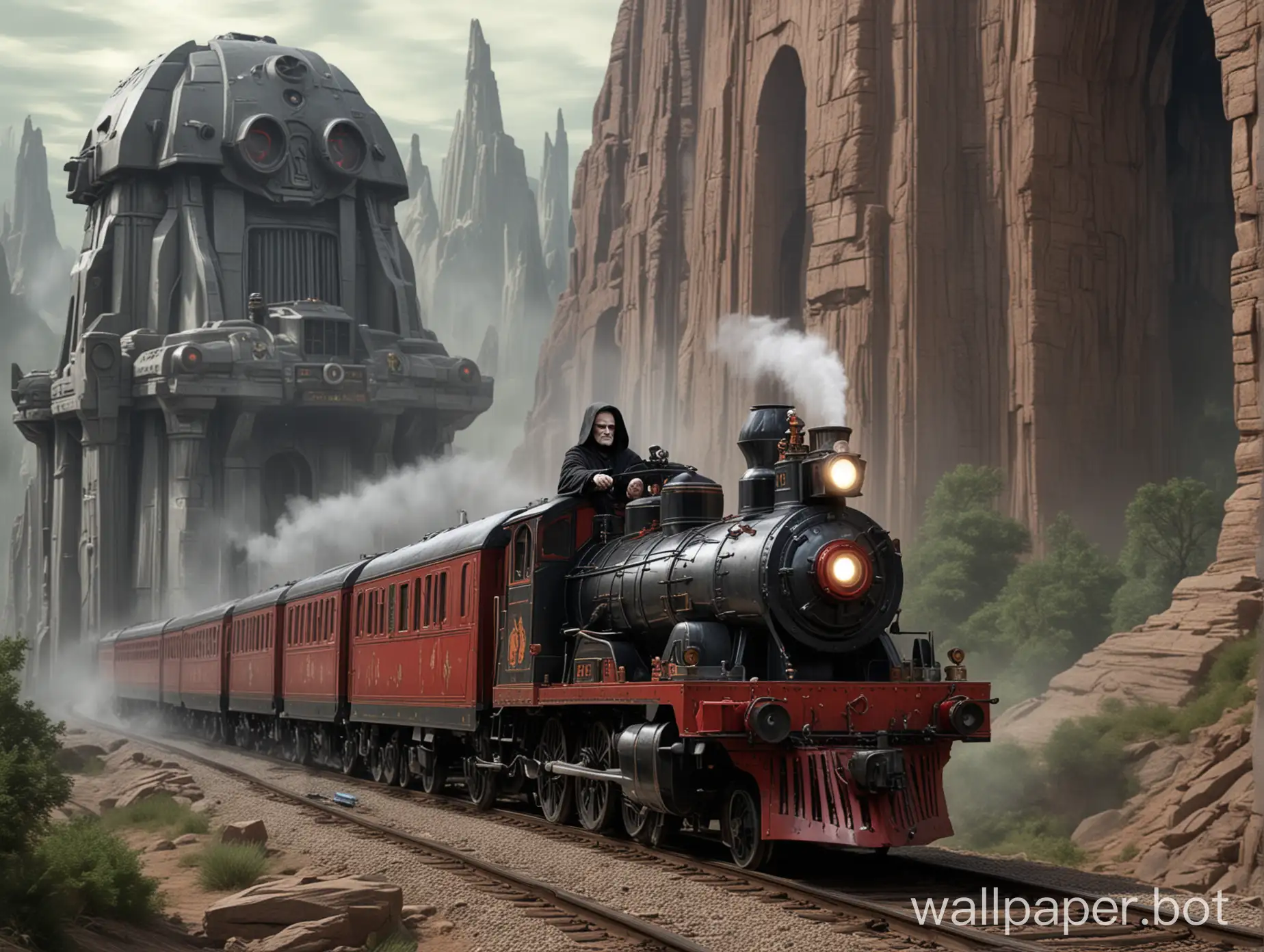 emperor palpatine driving a choo choo train against the jedi temple