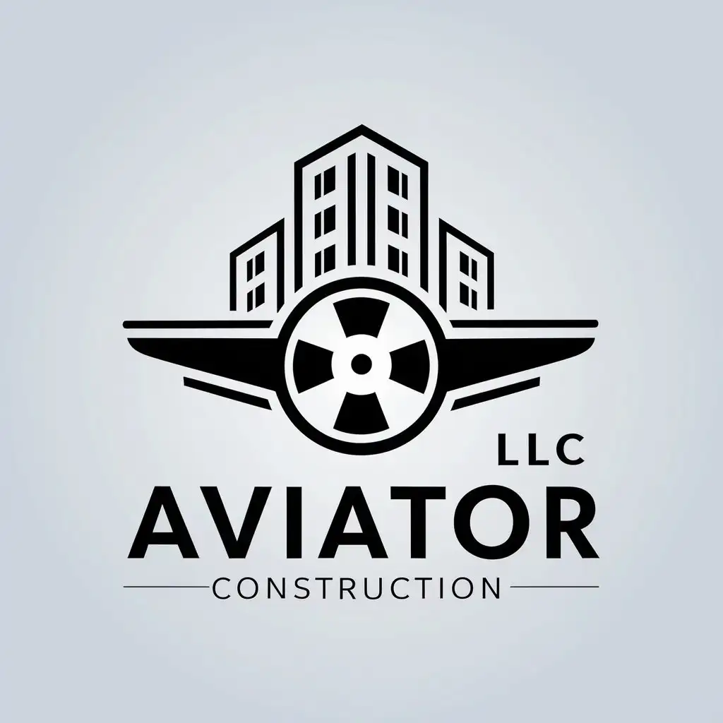 a vector logo design,with the text "LLC AVIATOR", main symbol:A building and an airplane propeller,complex,be used in Construction industry,clear background