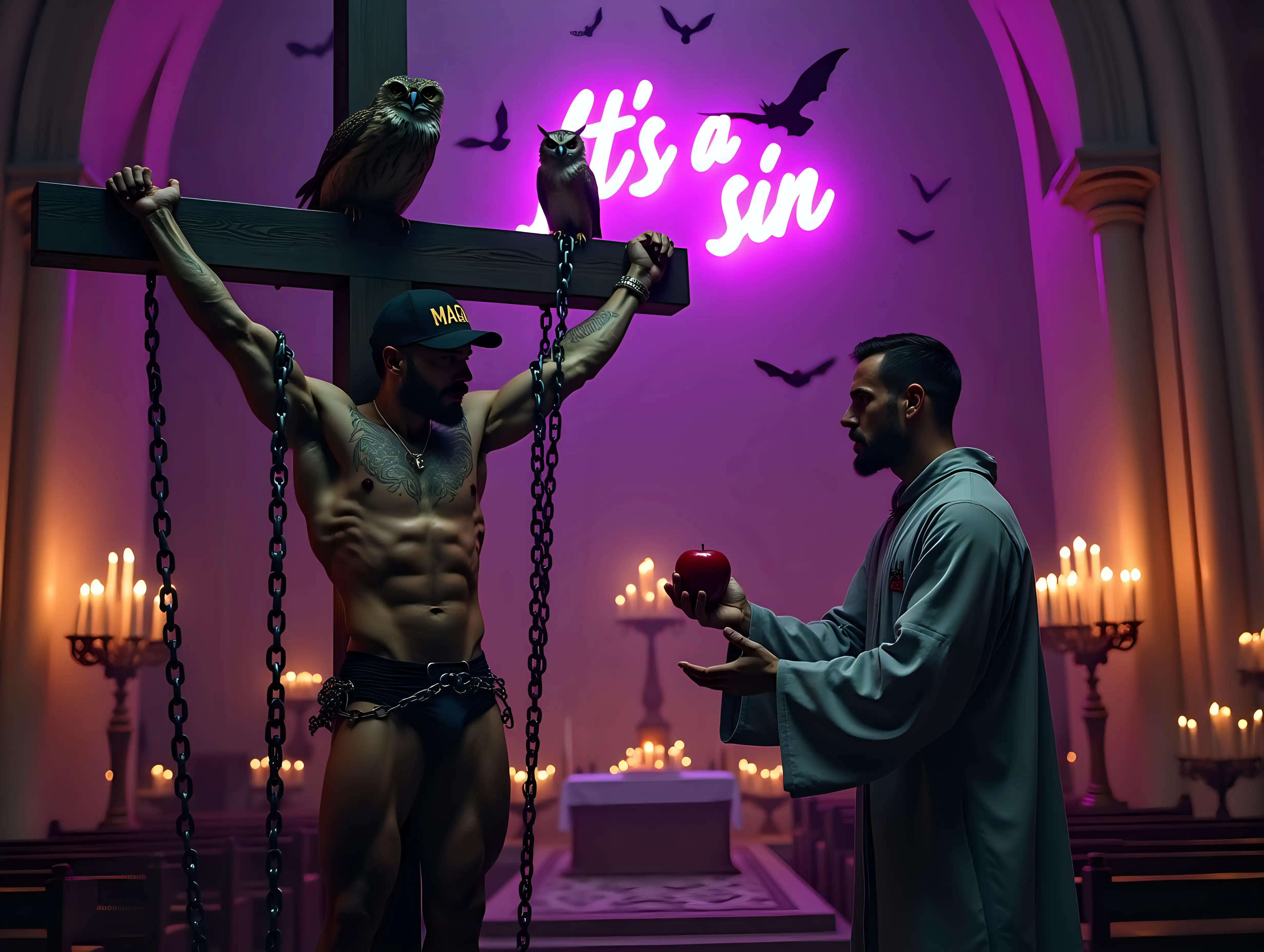 Dark-and-Intense-Scene-of-Bodybuilder-Chained-on-Cross-in-Catholic-Cathedral-with-Priest-Offering-Apple