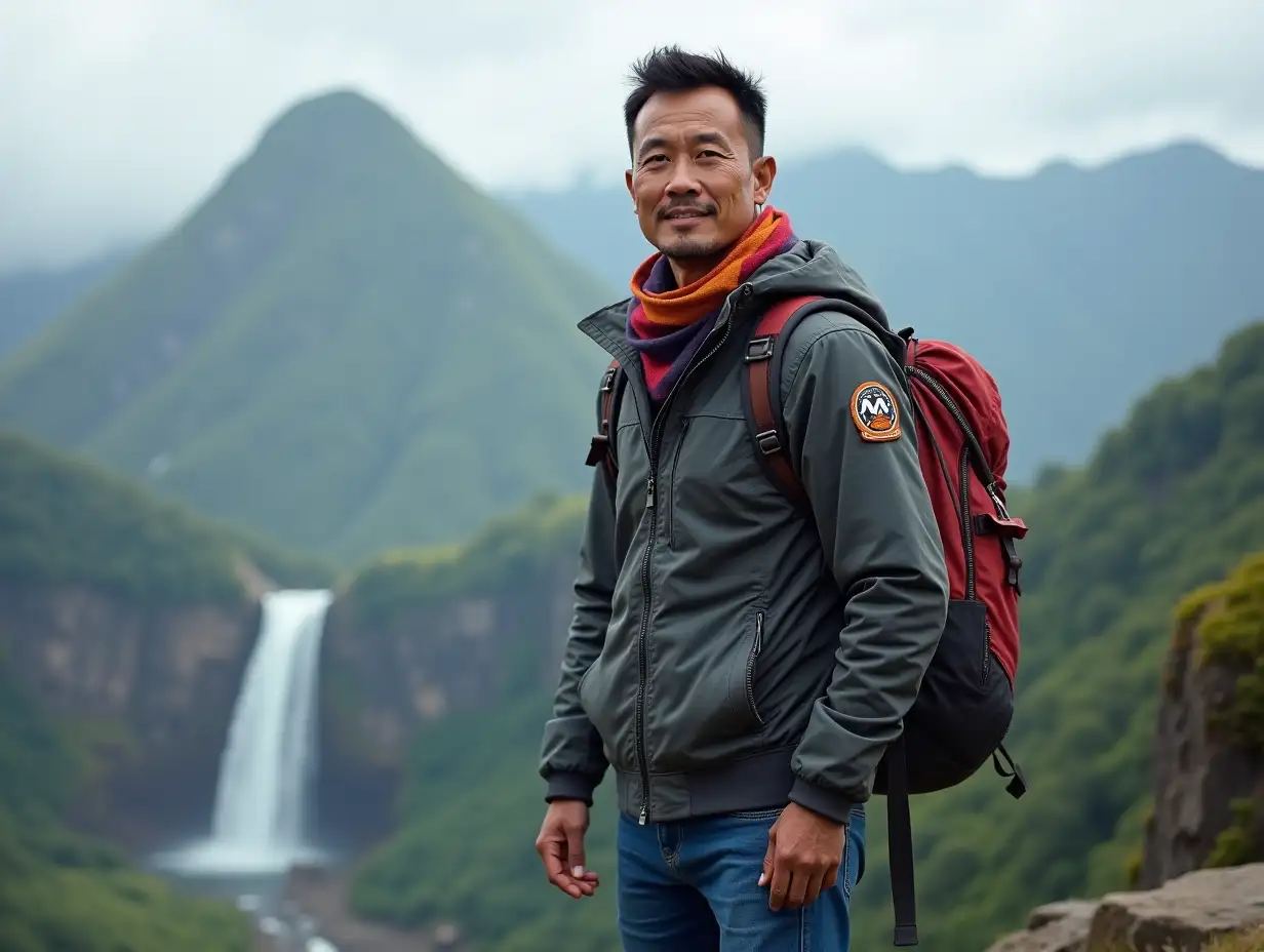 a 40-year-old Indonesian man, short hair, white skin, wearing a jacket with a mountaineering badge on the left arm, a three-colored triangular shawl, blue jeans, holding a backpack, standing on top of a hill, facing the camera, mountain waterfall in the background, 3D portrait realistic