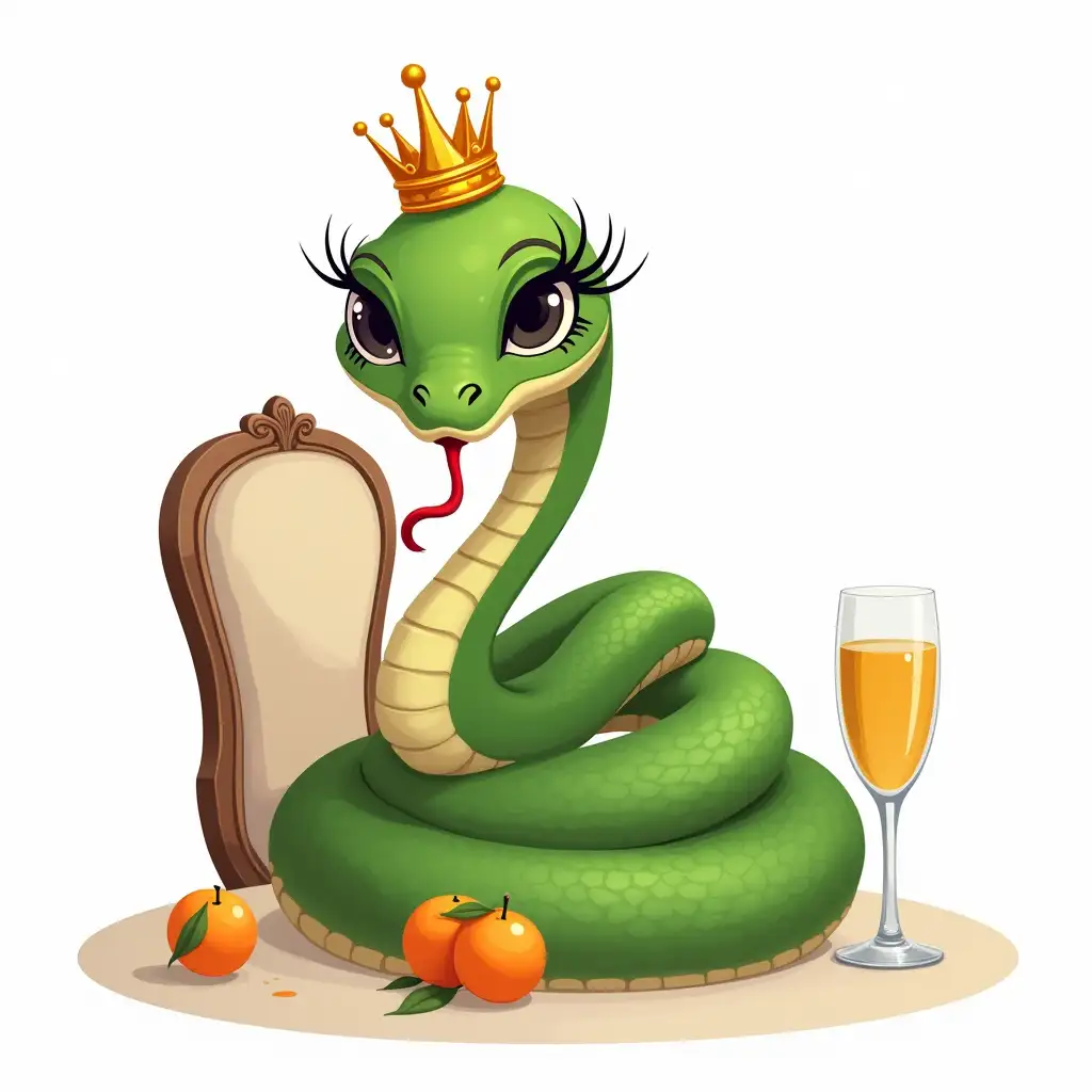 Cartoon glamorous green snake with a golden crown on its head, red lips and black long eyelashes, sits coiled in circles on a chair, next to a champagne glass and mandarins on the table, digital illustration, white background, high detail