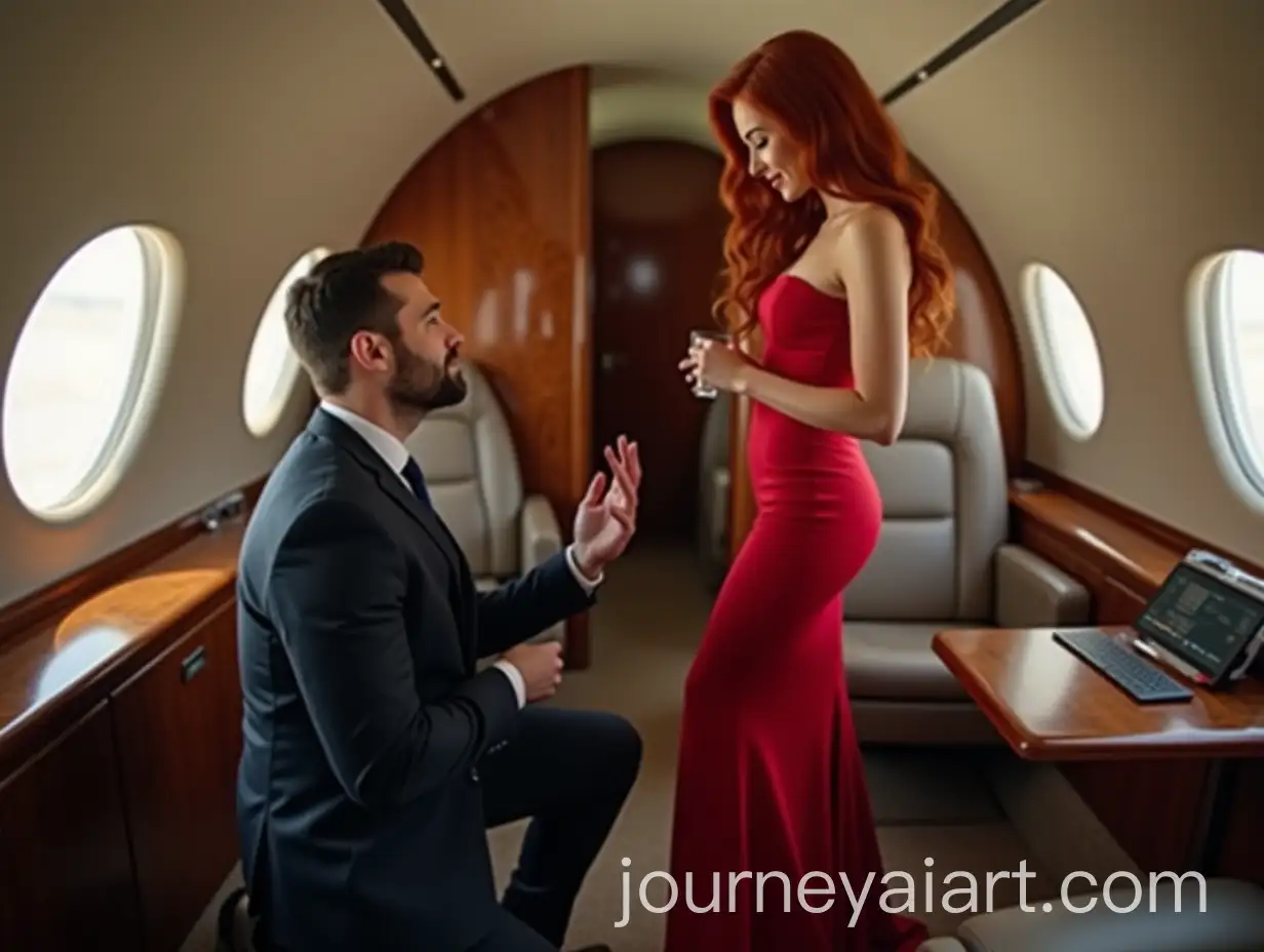Man-Proposing-to-Woman-in-Elegant-Red-Dress-Inside-Private-Jet