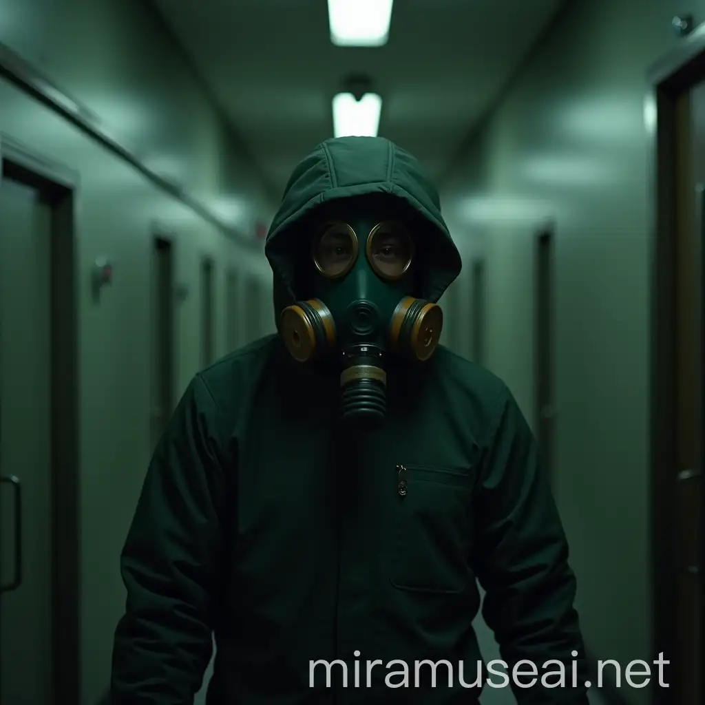 Man in Russian Gas Mask and Dark Green Protection Suit Exploring Dreamlike Backrooms