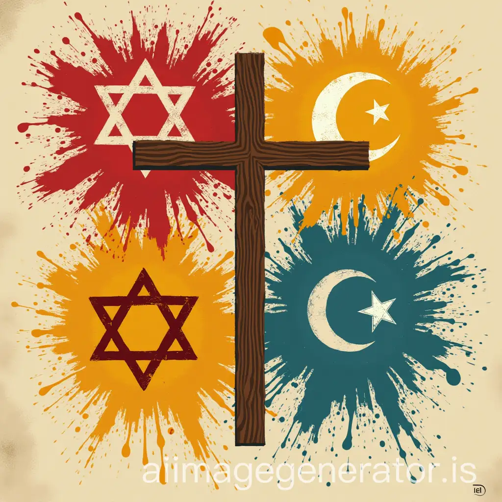 Create a poster that promotes the historical mix of 3 Spanish cultures: Judaism, Christianity, and Islam, on the posters put the symbols of the 3 religions mentioned above