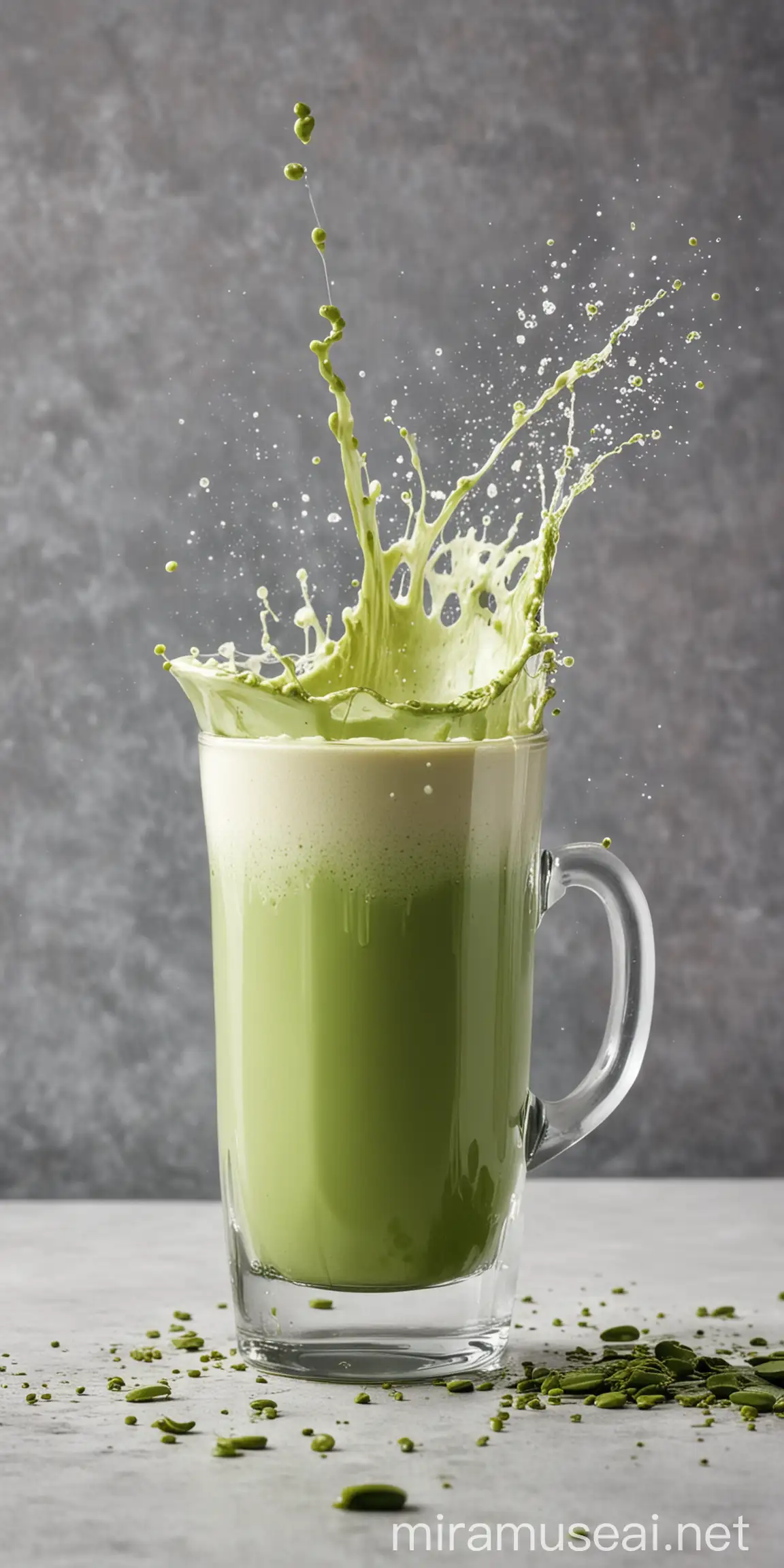 Matcha Latte Glass Splashing Up