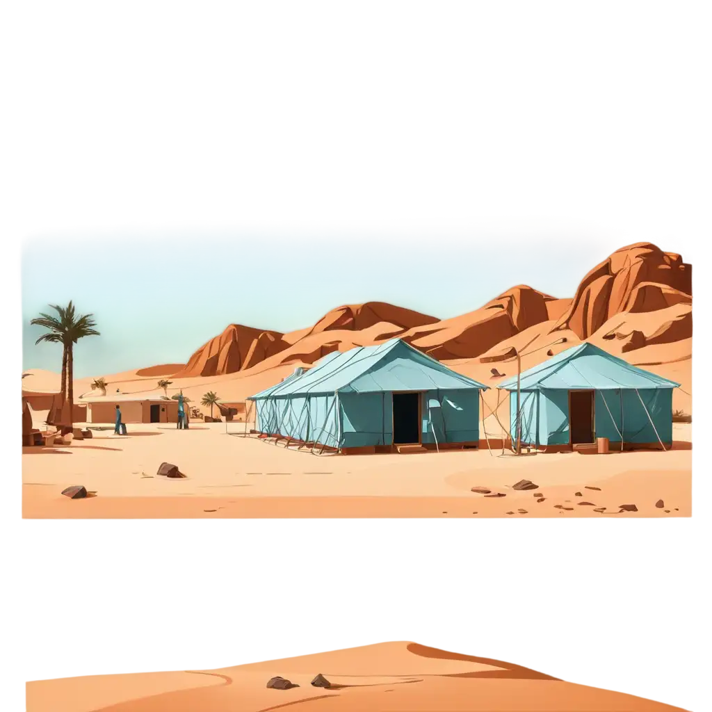 Vector-Style-PNG-Illustration-of-a-Cooling-Center-in-the-Desert-Providing-Water-Fans-and-Shade-for-Villagers