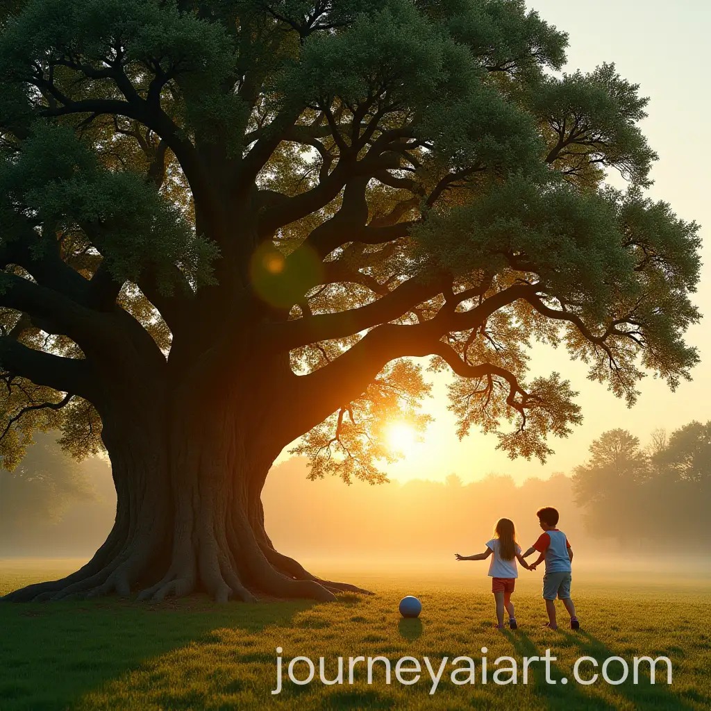 Children-Playing-with-a-Ball-Under-an-Old-Oak-Tree-at-Sunrise