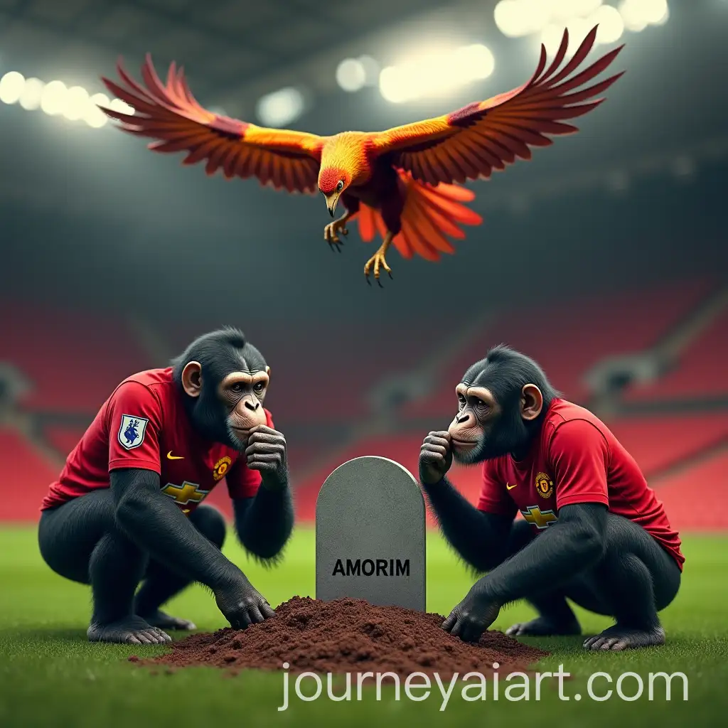 Chimpanzees-in-Manchester-United-Kits-Digging-Grave-on-Football-Pitch-with-Phoenix-Above