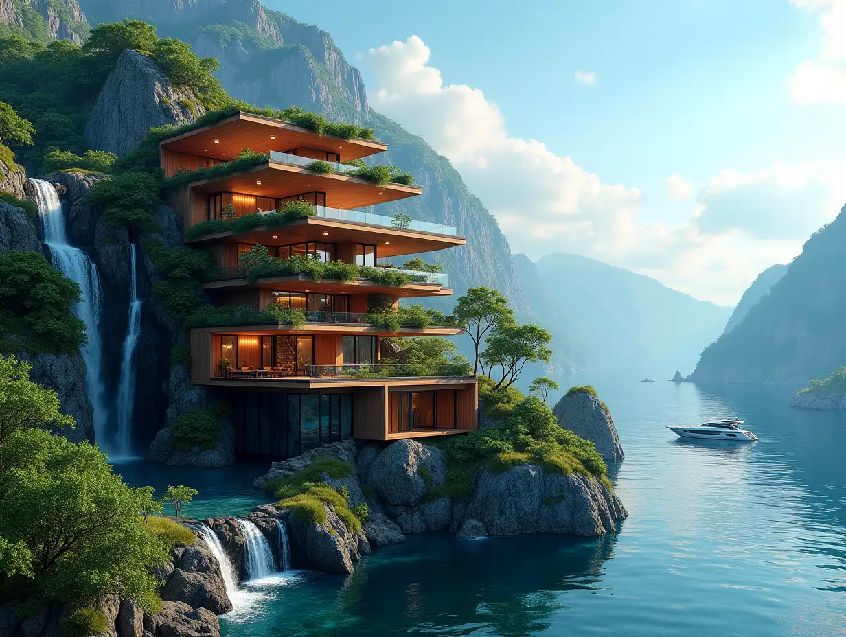 A futuristic multi-story house made of many wood lit up glass square and wood lies on the mountain peak,many plants waterfall,trees, blue sky, bright environment, mountains,clear water and a yacht in the background, colorful 8k-quality