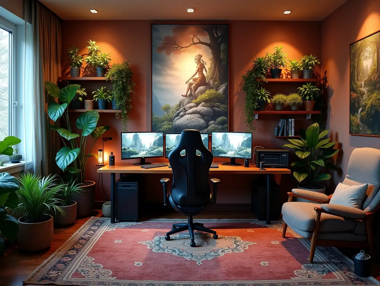 Gaming-Zimmer mit drei Monitoren hinten Regalen mit Teppich ,Beleuchtung with furnishings very many hanging plants Plants with Attack on Titan Image on the wall Zen-Garden with carefully tended rocks, a meditative 180 Grad Aufnahmen 8K-Auflösung Colorful