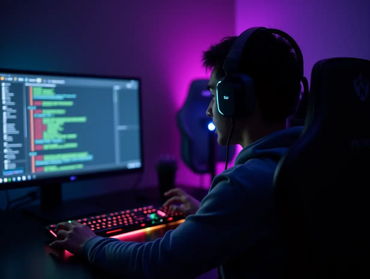 user_prompt: Gamer in headset plays video game on gaming keyboard RGB lighting. Esports tournament at computer club Cyber team. Personal skills. Tactical first-person shooter. Multiplayer real-time strategy RTS