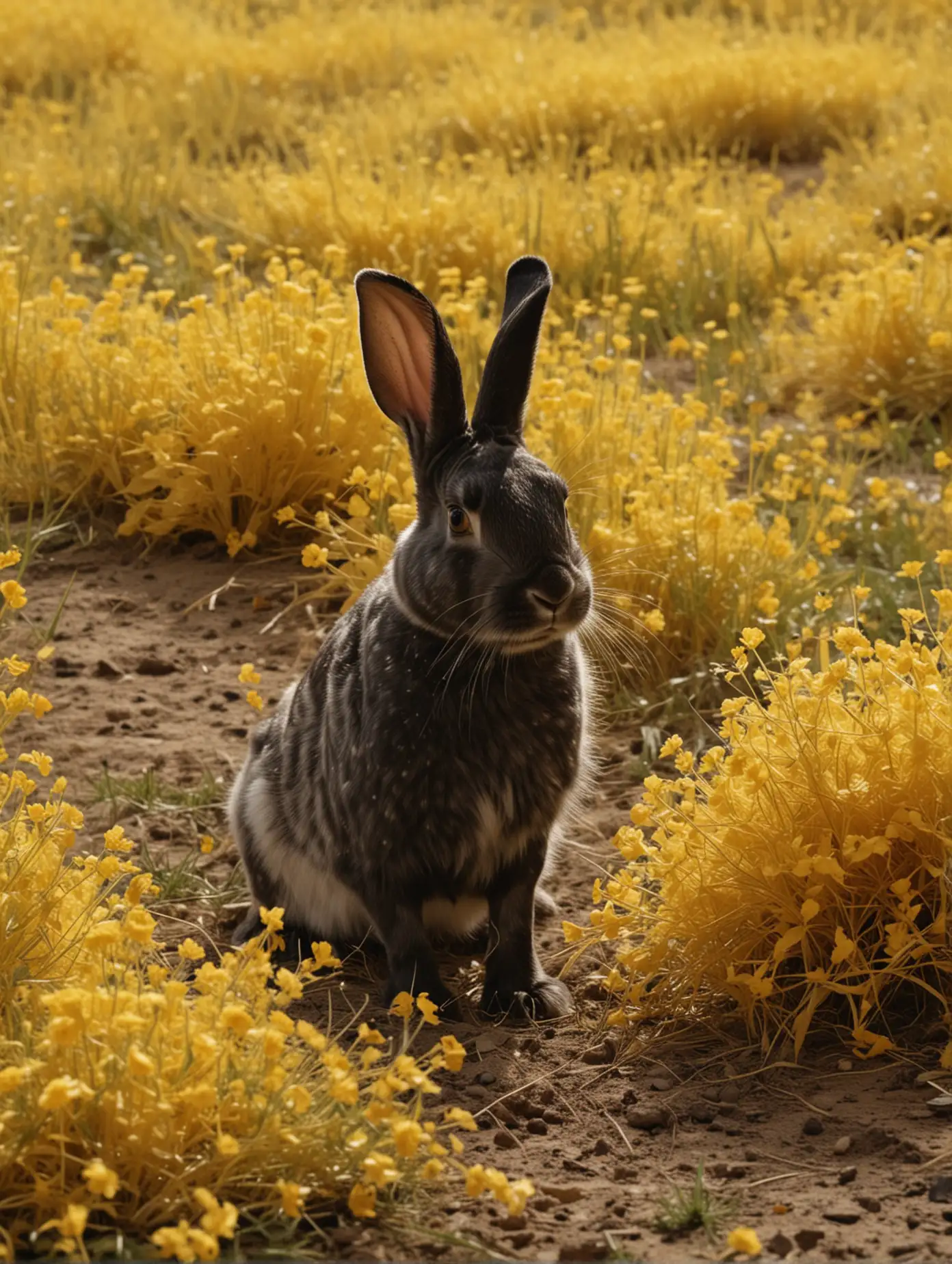 Fantasy Movie Scene Black Spots Rabbit Sniffing in a Bushy Field with Yellow Color Palette