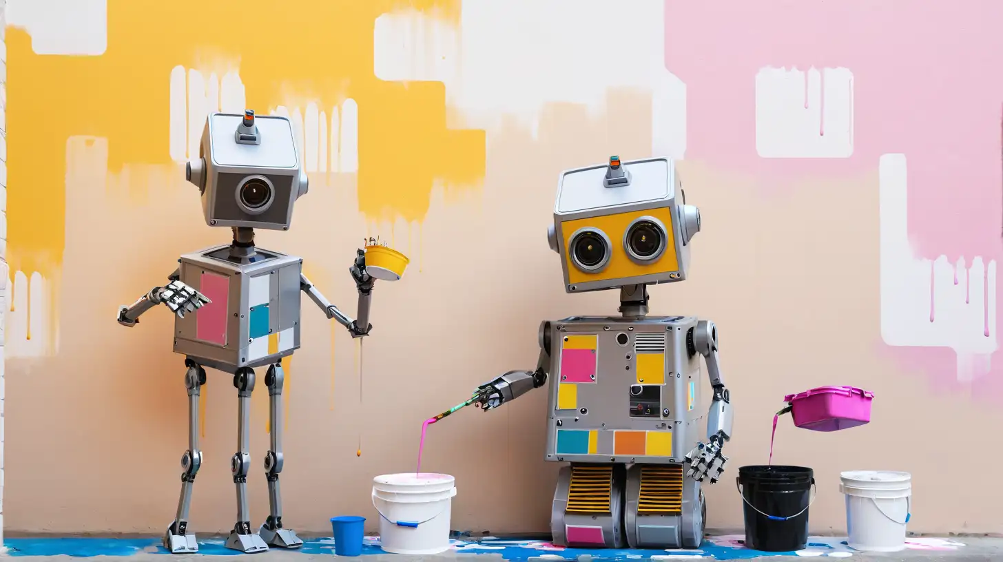 Two Robots Painting Wall with White and Pink Paint Buckets