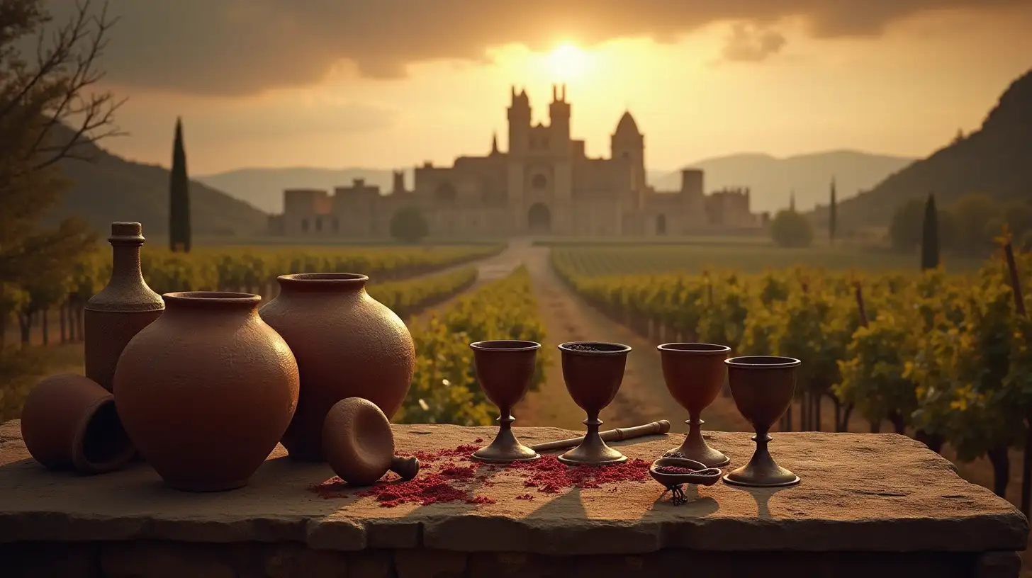 Ancient Wine Vessels and Chalices on an Old Table in a Desolate Vineyard and Ruined City