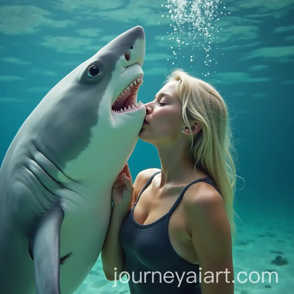 Blonde-Girl-in-a-Swimsuit-Kissing-a-White-Shark