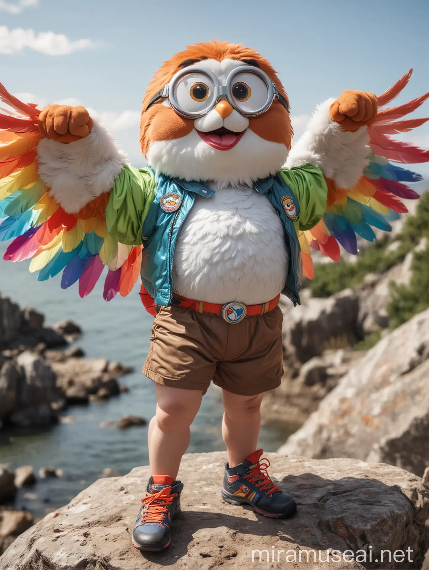 Muscular Bodybuilder in Rainbow Jacket Flexing with Eagle Wings