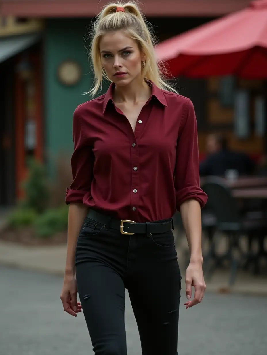 Half Body Photo of Teagan Croft wearing a fitted, darker blood-red button up shirt rolled up to the sleeves, slim fitted black jeans but flexible, allowing for agility during fights. The slight distressing on the fabric adds to her rugged, rebellious vibe and steel-toed black combat boots (in her accurate dark golden blonde hairstyle slightly tousled, tied back into a messy ponytail for fights, leaving stray strands framing her face for a disheveled, intimidating look and makeup effects—darker eyeshadow, smudged eyeliner, and faint bruising under her eyes, accurate Teagan Croft 20 year old body type, accurate weight and accurate height). In a street outside of a bar, reminiscing of DC Titans TV Show Gotham landscape (Her clothes being a clear nod to Demon Dean Winchester from Supernatural Season 10). Afternoon Setting. (4K Resolution Photo and HDR).