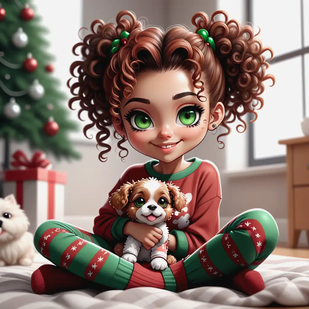 Young Woman in Holiday Pajamas Cuddling a Playful Puppy