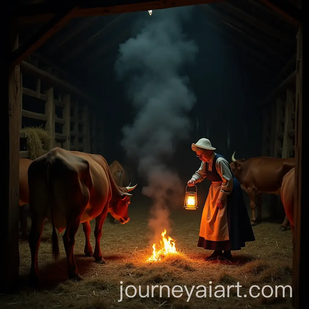 Irish-Woman-Tending-Cows-in-Barn-with-Fire-Danger-at-Night