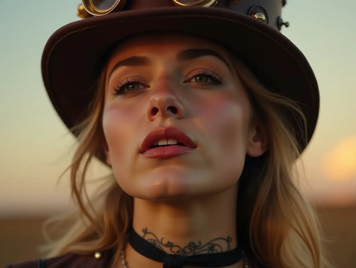 Steampunk-Diva-Singing-Under-the-PreDawn-Sky-with-Brass-Hat-Decorations