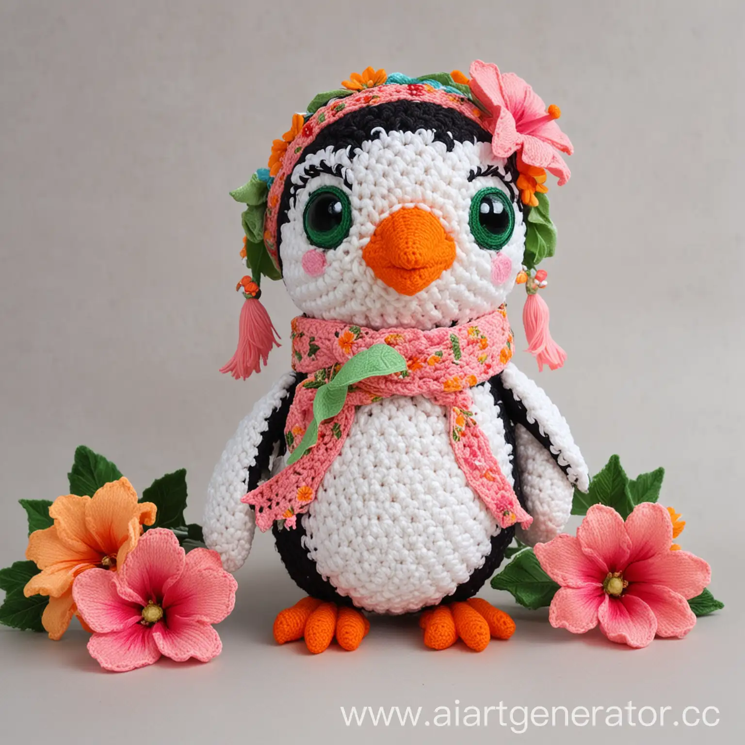 Create video of an amigurumi penguin dancing. Height 20 cm. Big blue eyes. Orange beak wide open in a smile, showing tongue. Very happy penguin, joyful. Wearing summer slippers on feet. Dressed in a delicately pink bikini. Garlands of hibiscus flowers on head and neck, a bandana of green leaves on stomach. All details crocheted.
