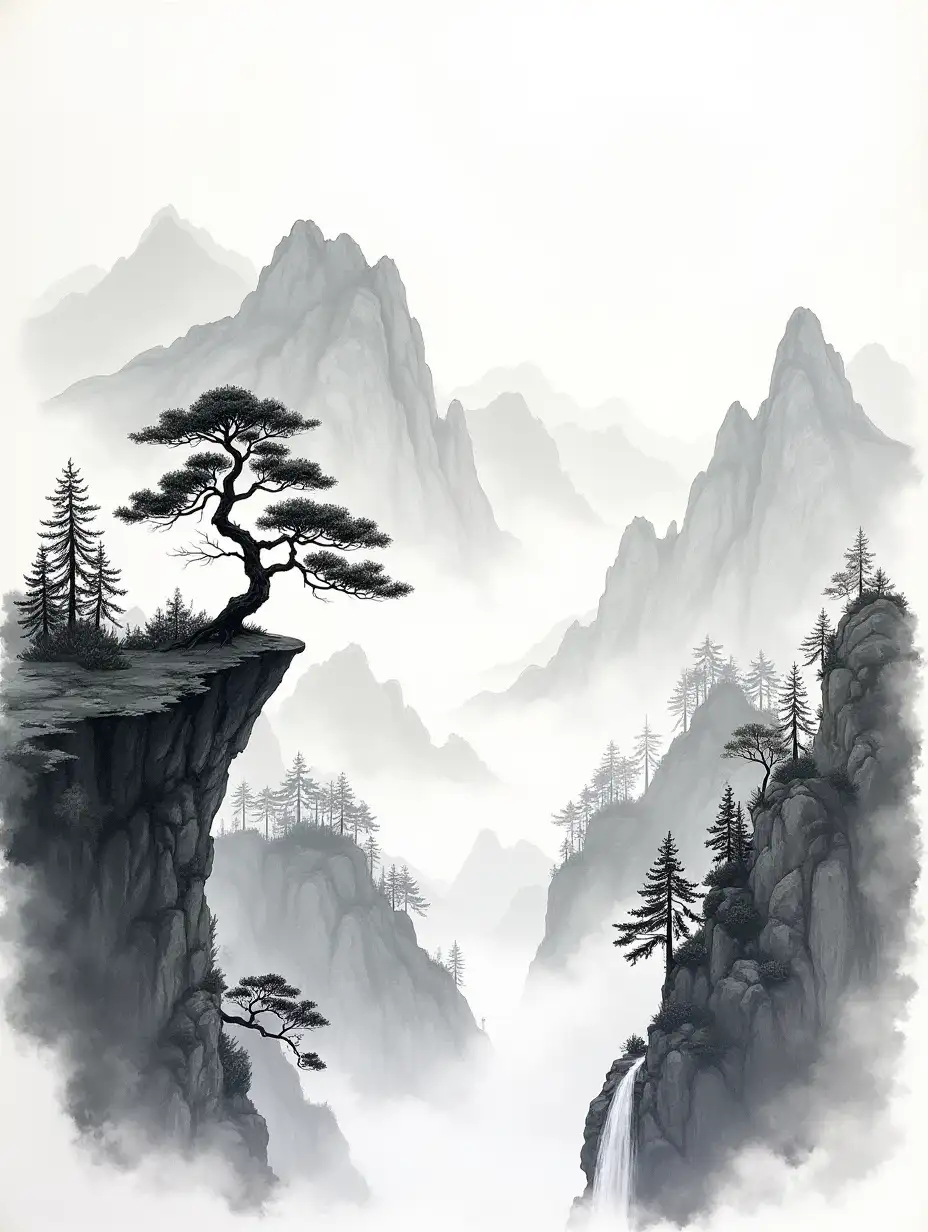 A drawing in the style of a Chinese ink drawing in black and white mountains, a small pine tree on a cliff, a river between , waterfall,  trees, mountains