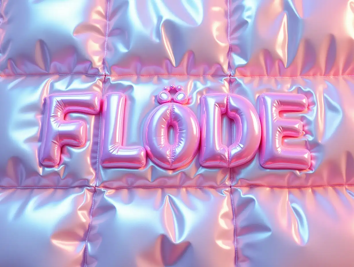 inflated textile that is risen, with alot of clear inward-sewn cross seams. Centered is the text: FLÖDE in bold ultra clear letters, high-definition, 16k, The letters are flat against the surface, with the inflated textile close all around it.  The textile features are chrome foil vaporwave texture with a oil pastel refraction effect, low-saturation, low-key lighting