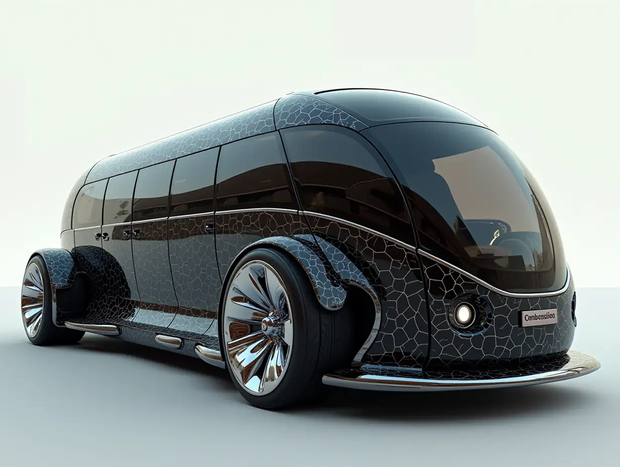 A supermodern utopian sportomnibus with gears, aluminum wheels, wide tires, black and white ,and silver colors,utopian, silver-black striped, chrome-wheels, Cyberpunk