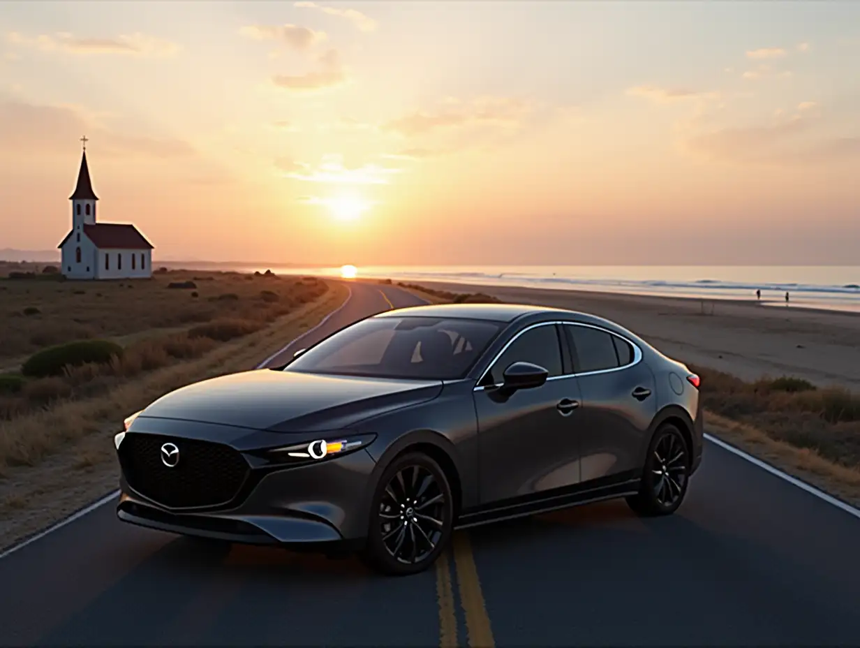 Mazda-3-Sedan-Driving-on-a-Scenic-Beach-Road-at-Sunset