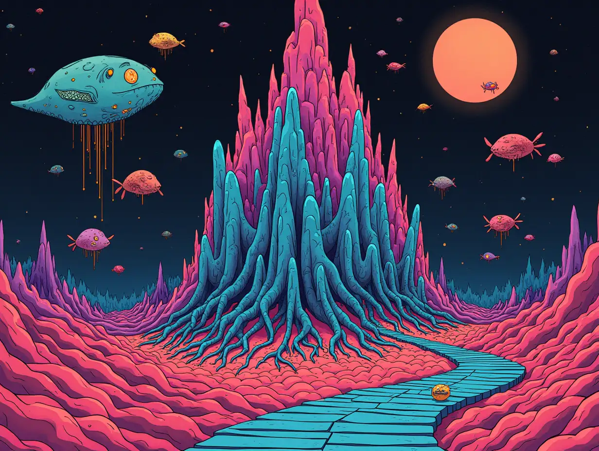 Psychedelic dream realm in another dimension teeming with strange alien life, art inspired by Kilian Eng