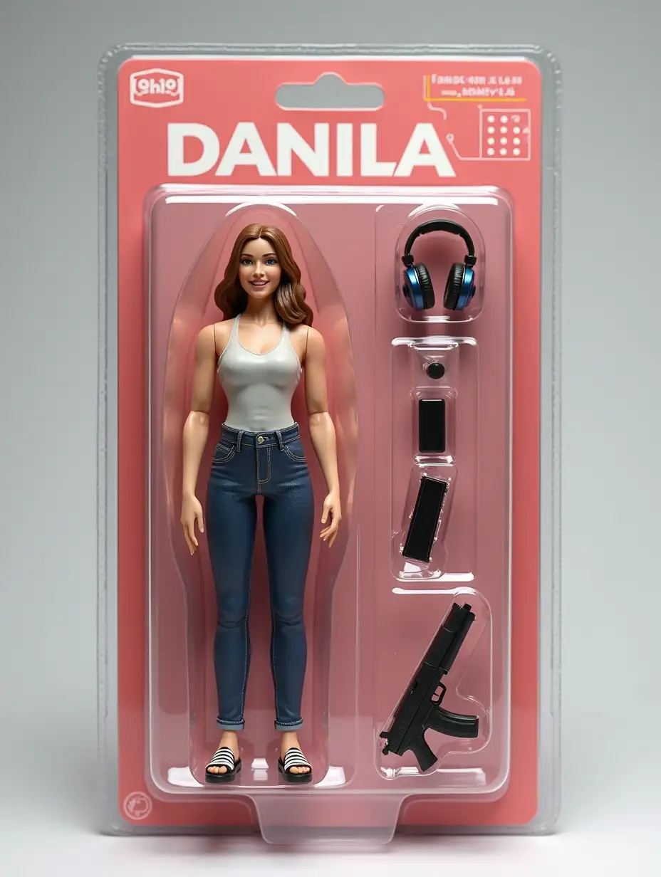 Use this my photo to create your figure in a blister pack, in the style of a premium-class collectible toy figure. The figure should be standing and have a relaxed, friendly smile. The blister pack should have a header with the text [DANIILA] in large letters and a subheading [daniila] under it. Include accessories in compartments next to the figurine: [flowers phone headphones gun].