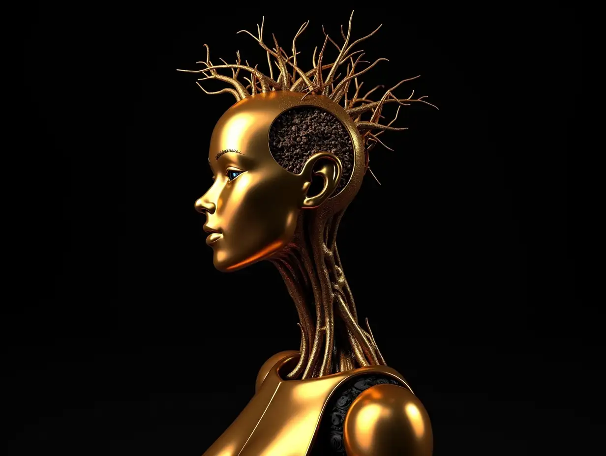 golden humanoid robot with Complex-Horizon-Fractals body and Fracta scalp with root on the head, with black background