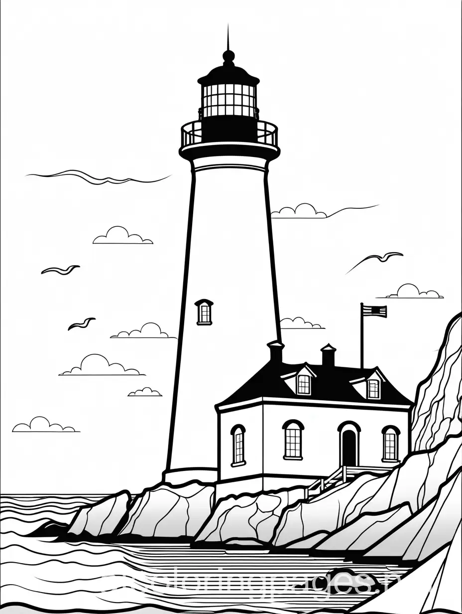 light house in rocky shore, Coloring Page, black and white, line art, white background, Simplicity, Ample White Space. The background of the coloring page is plain white to make it easy for young children to color within the lines. The outlines of all the subjects are easy to distinguish, making it simple for kids to color without too much difficulty